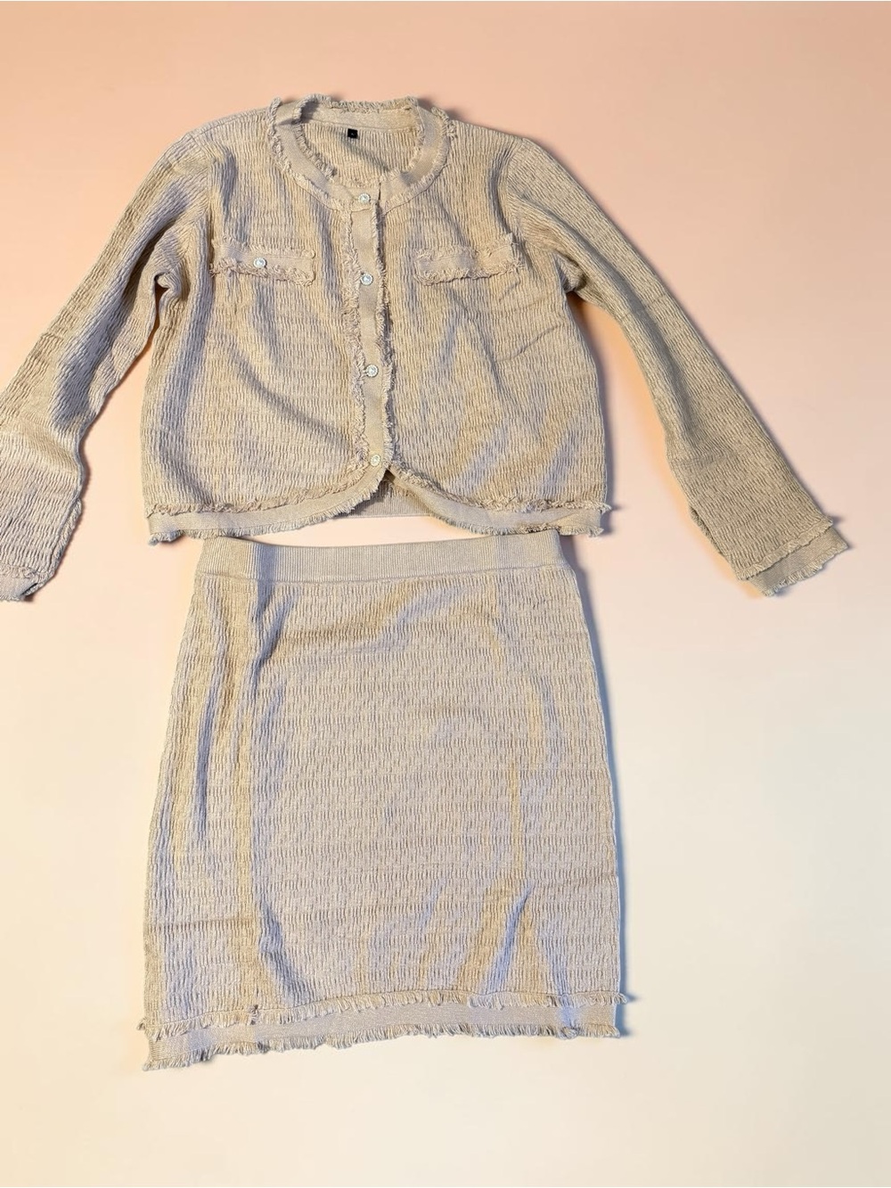 Women’s Beige Knit Two-Piece Set - Cardigan & Skirt